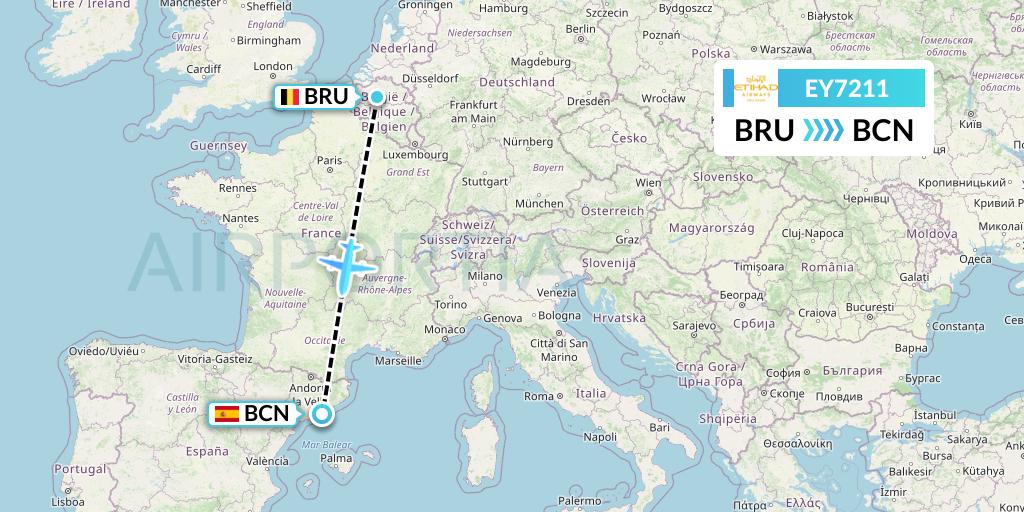 EY7211 Etihad Airways Flight Map: Brussels to Barcelona