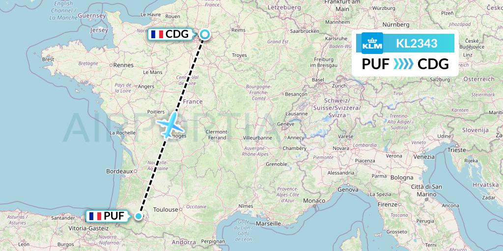 KL2343 KLM Flight Map: Pau to Paris