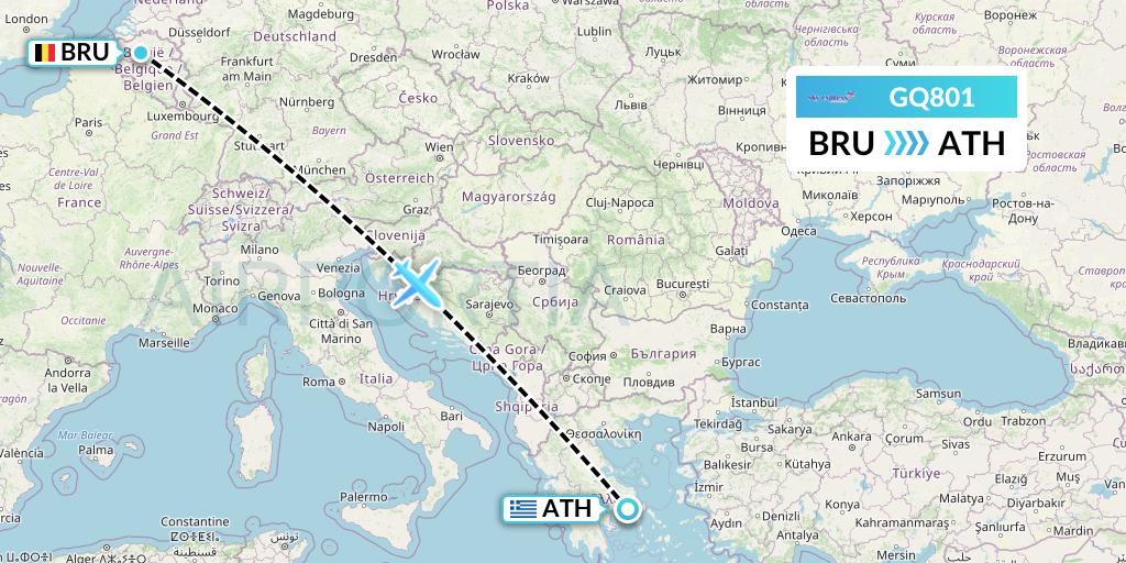 GQ801 Sky Express (Greece) Flight Map: Brussels to Athens