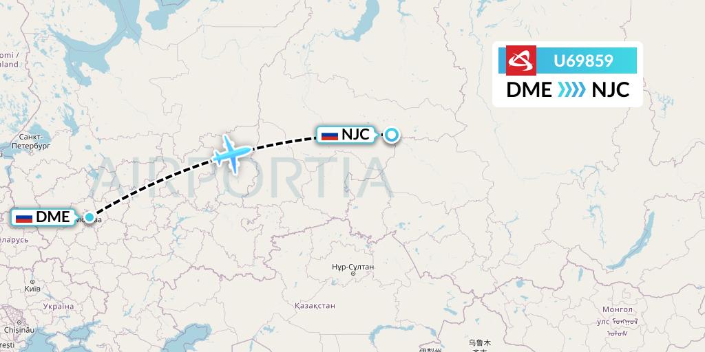 U69859 Ural Airlines Flight Map: Moscow to Nizhnevartovsk