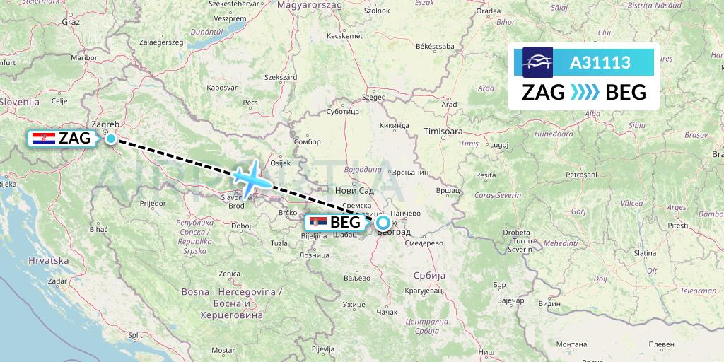A31113 Aegean Airlines Flight Map: Zagreb to Belgrade