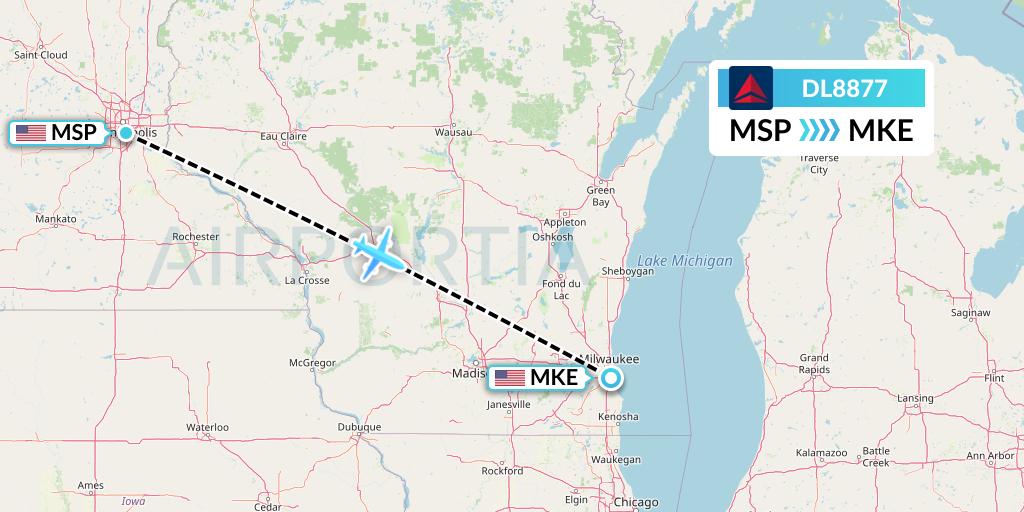 DL8877 Delta Air Lines Flight Map: Minneapolis to Milwaukee