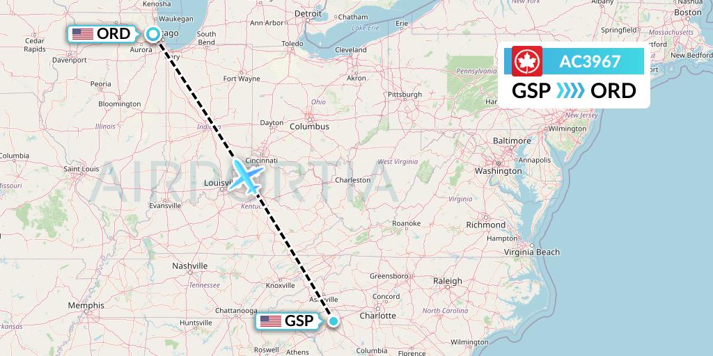AC3967 Air Canada Flight Map: Greenville-Spartanburg to Chicago