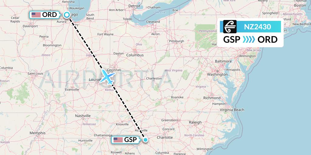 NZ2430 Air New Zealand Flight Map: Greenville-Spartanburg to Chicago