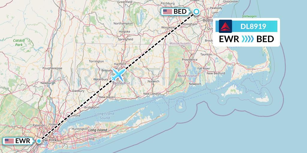 DL8919 Delta Air Lines Flight Map: New York to Bedford