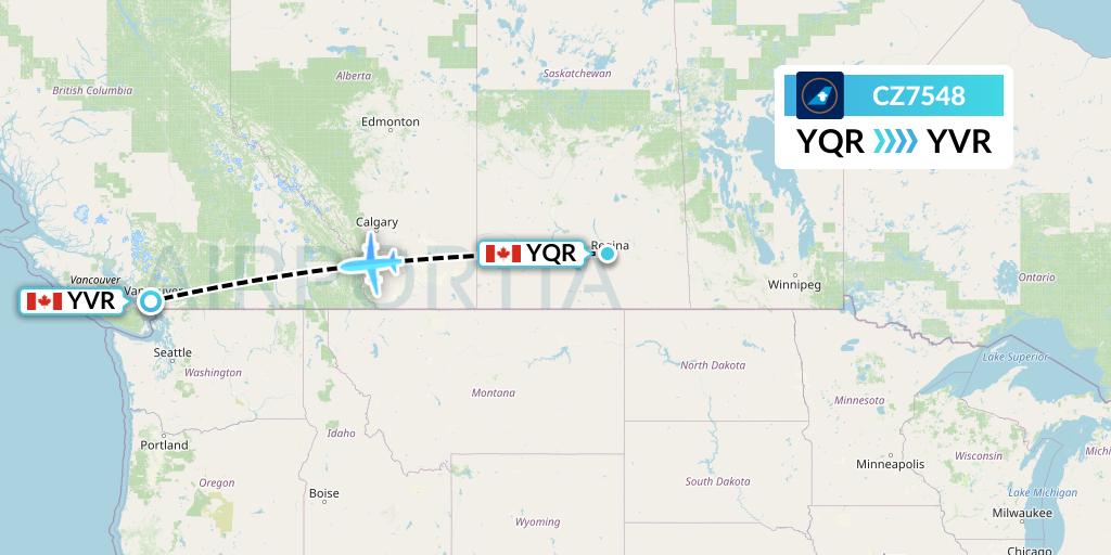 CZ7548 China Southern Airlines Flight Map: Regina to Vancouver