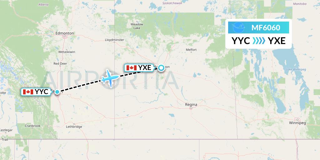 MF6060 Xiamen Airlines Flight Map: Calgary to Saskatoon