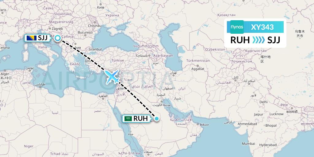 XY343 Flynas Flight Map: Riyadh to Sarajevo