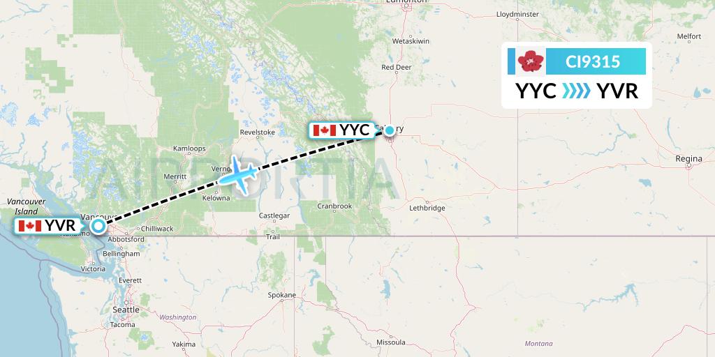 CI9315 China Airlines Flight Map: Calgary to Vancouver