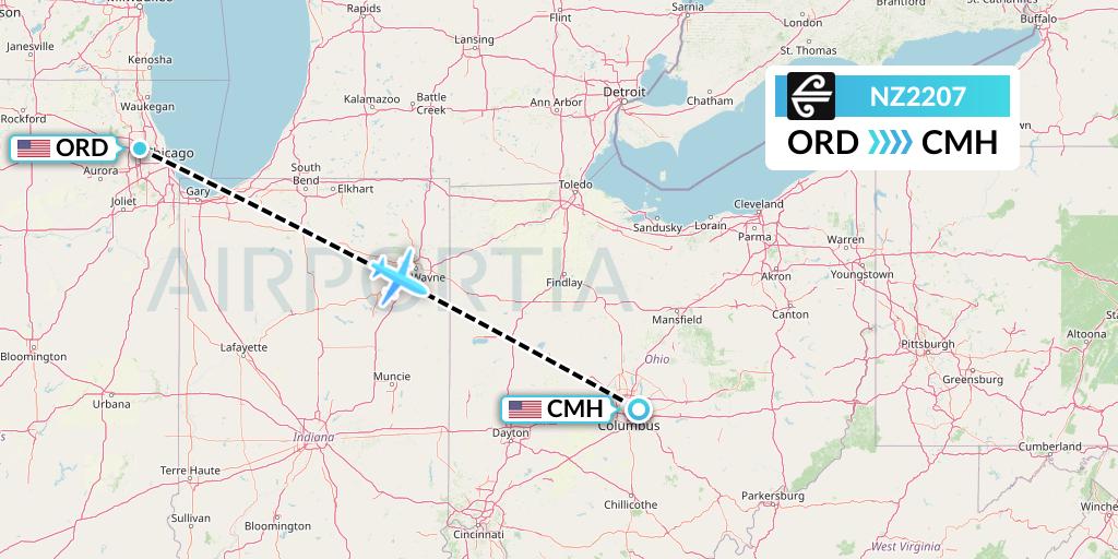 NZ2207 Air New Zealand Flight Map: Chicago to Columbus