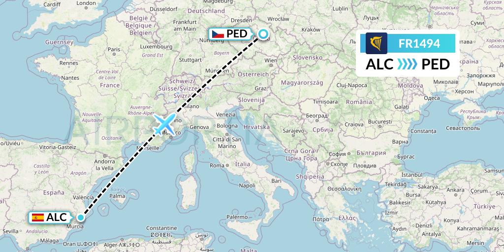 FR1494 Ryanair Flight Map: Alicante to Pardubice