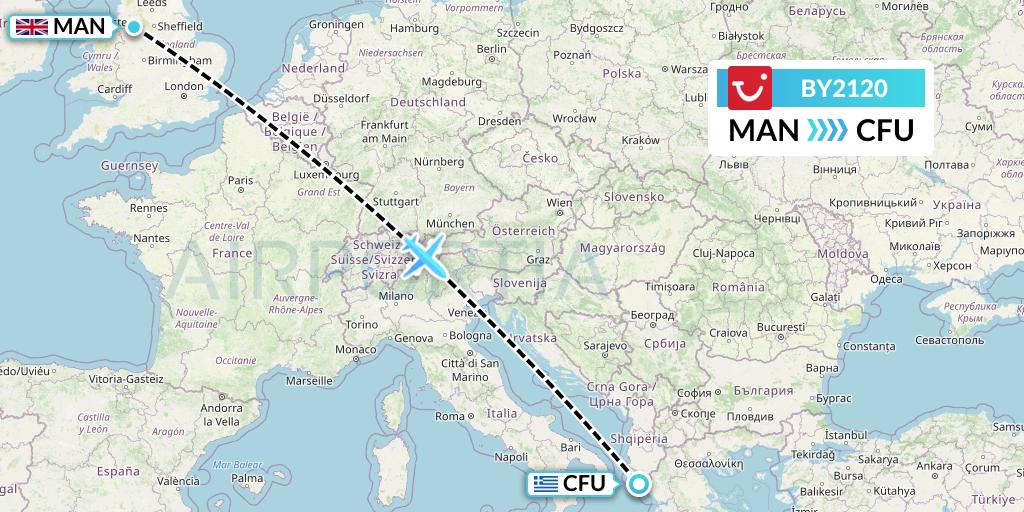 BY2120 TUI Airways Flight Map: Manchester to Corfu