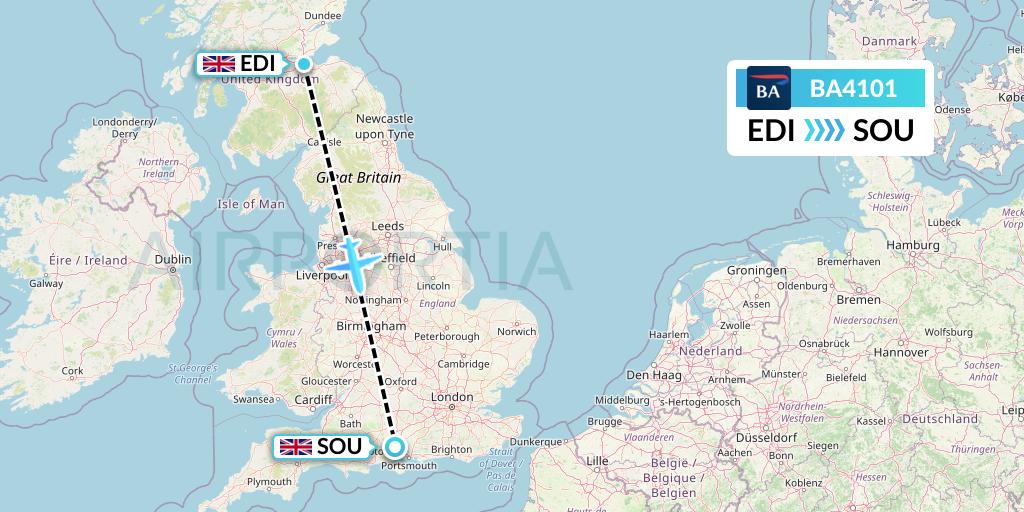 BA4101 British Airways Flight Map: Edinburgh to Southampton