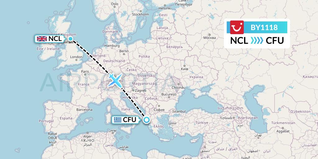 BY1118 TUI Airways Flight Map: Newcastle to Corfu
