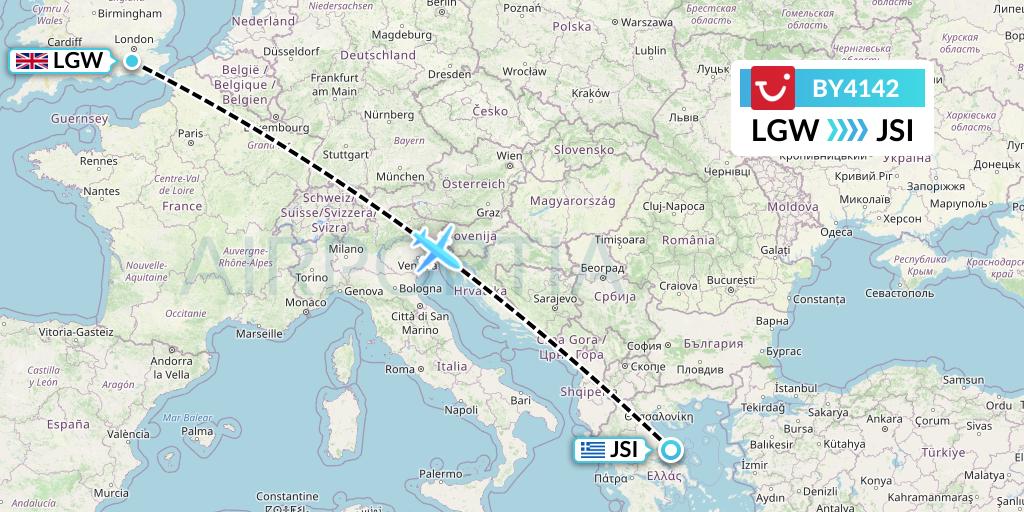 BY4142 TUI Airways Flight Map: London to Skiathos