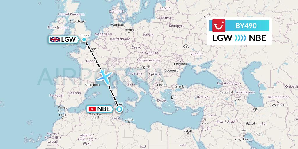 BY490 TUI Airways Flight Map: London to Enfidha