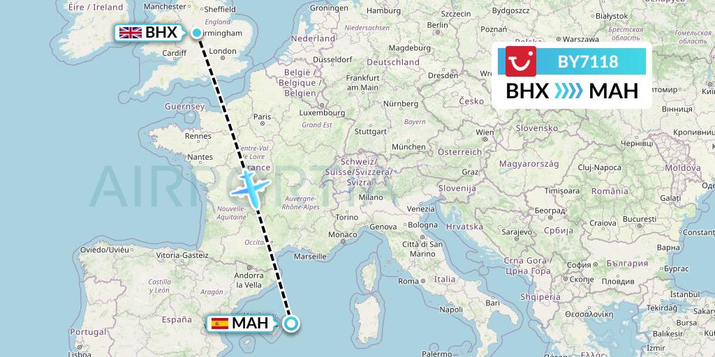 BY7118 TUI Airways Flight Map: Birmingham to Mahon