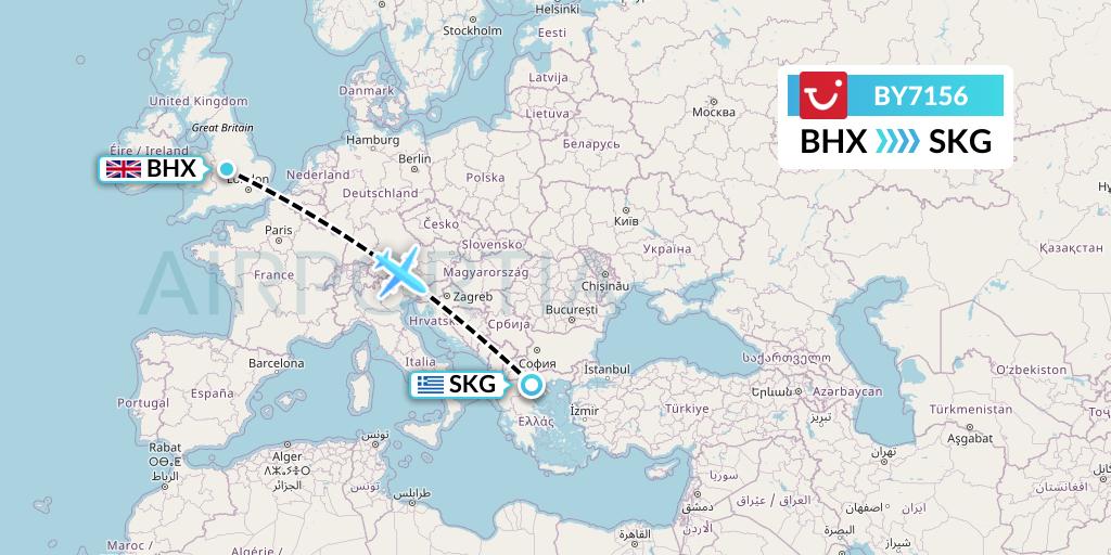 BY7156 TUI Airways Flight Map: Birmingham to Thessaloniki