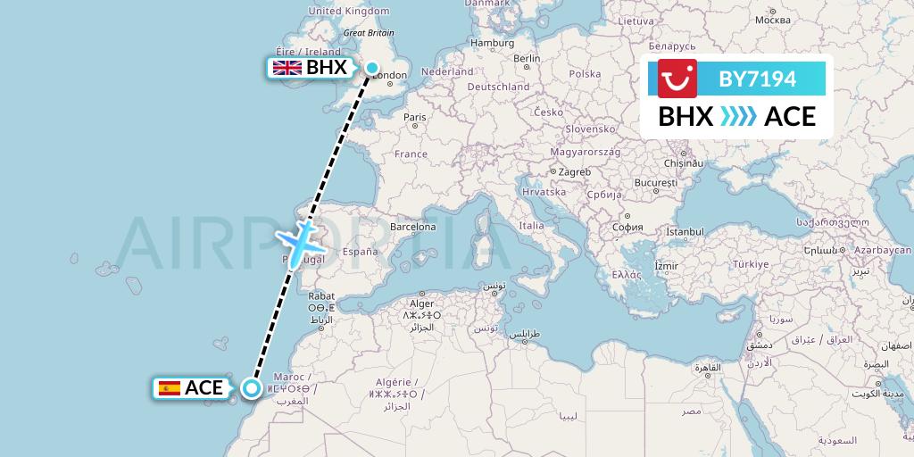 BY7194 TUI Airways Flight Map: Birmingham to Lanzarote