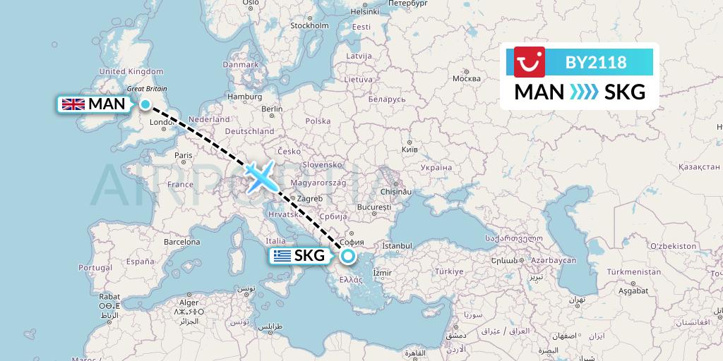BY2118 TUI Airways Flight Map: Manchester to Thessaloniki
