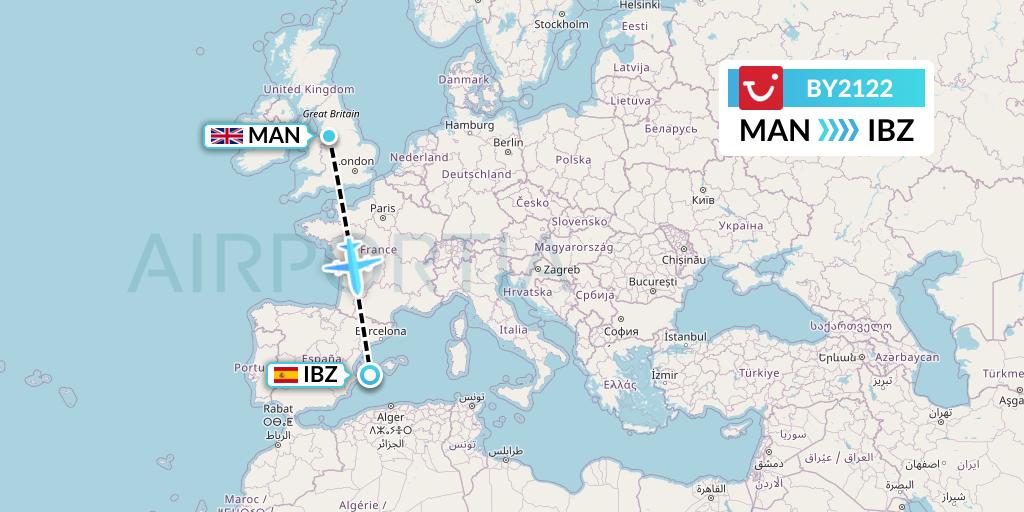 BY2122 TUI Airways Flight Map: Manchester to Ibiza
