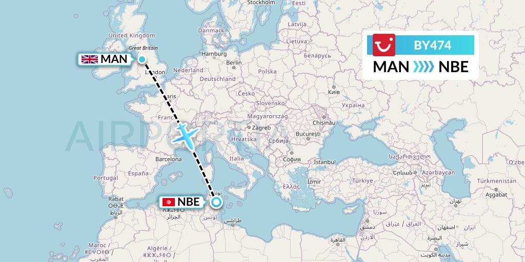 BY474 TUI Airways Flight Map: Manchester to Enfidha