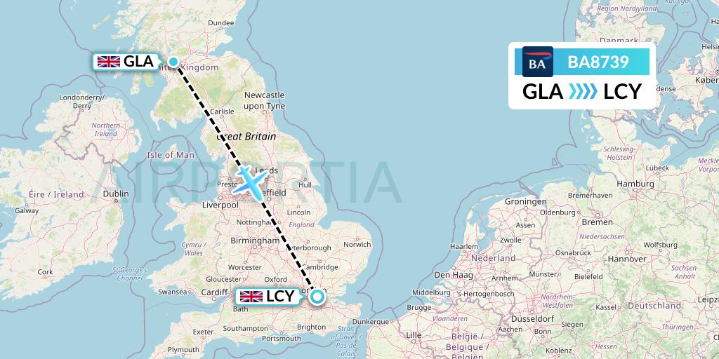 BA8739 British Airways Flight Map: Glasgow to London