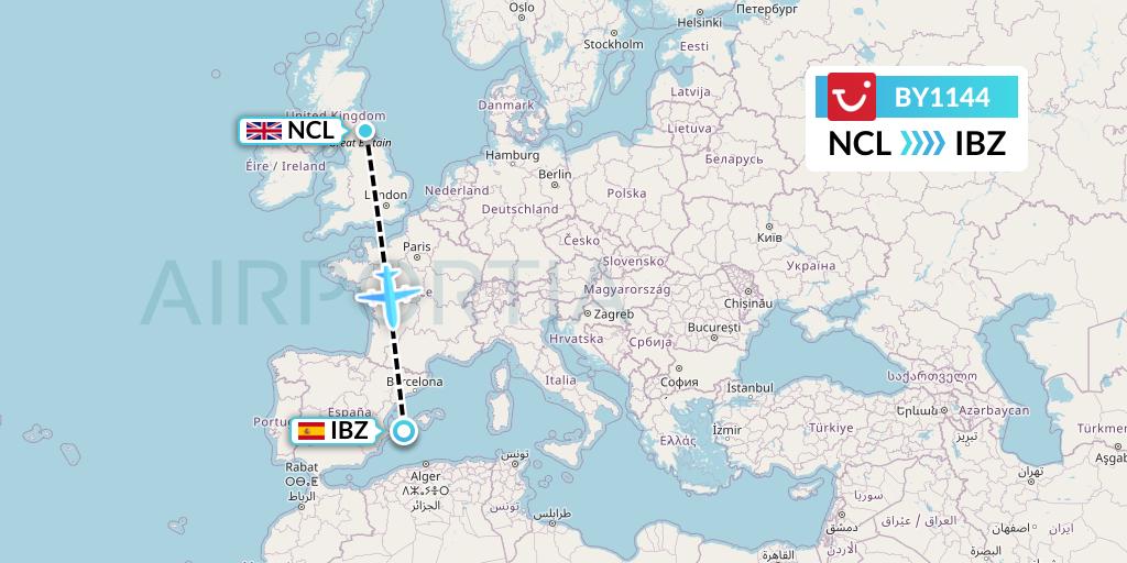 BY1144 TUI Airways Flight Map: Newcastle to Ibiza
