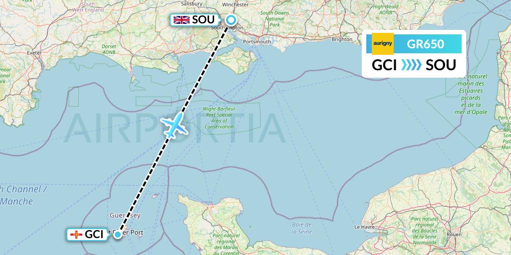GR650 Aurigny Air Services Flight Map: Guernsey to Southampton