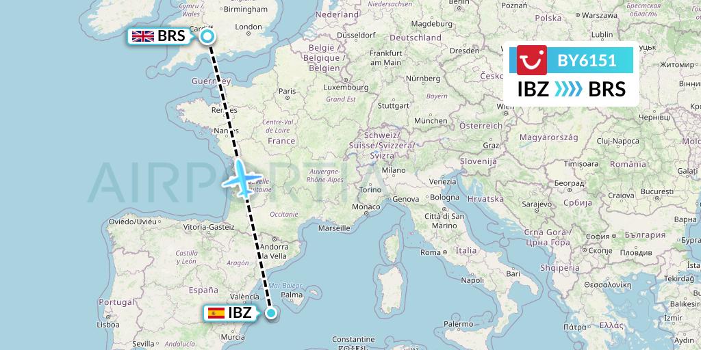 BY6151 TUI Airways Flight Map: Ibiza to Bristol