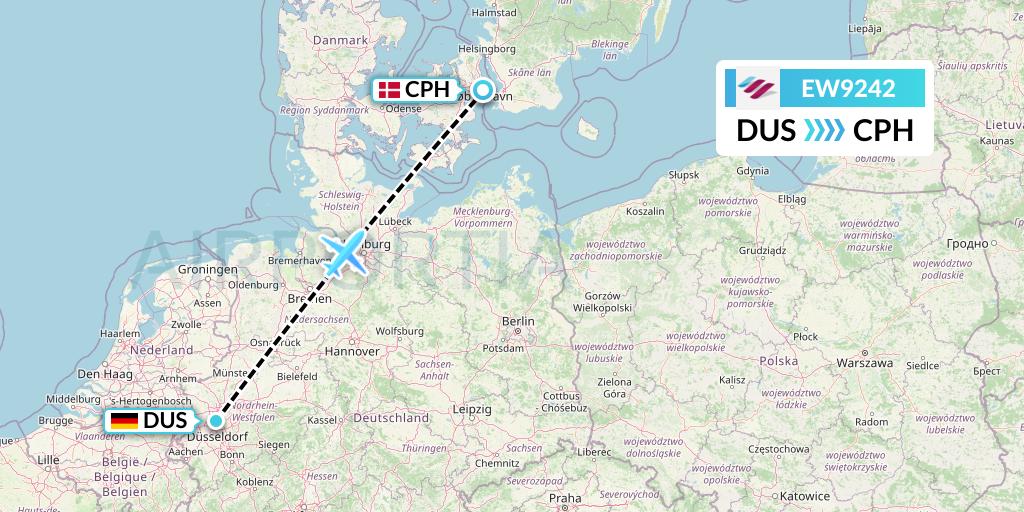 EW9242 Eurowings Flight Map: Dusseldorf to Copenhagen