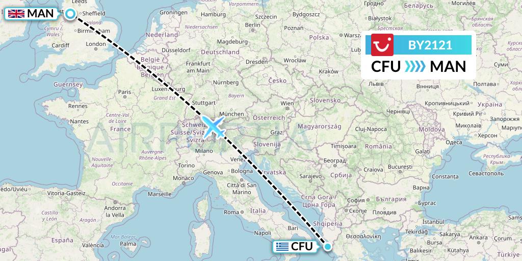BY2121 TUI Airways Flight Map: Corfu to Manchester
