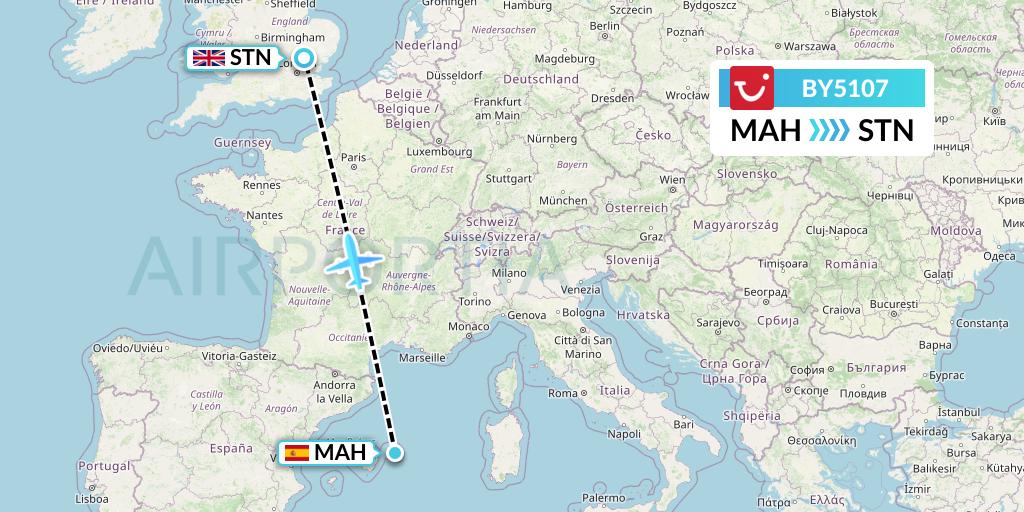 BY5107 TUI Airways Flight Map: Mahon to London