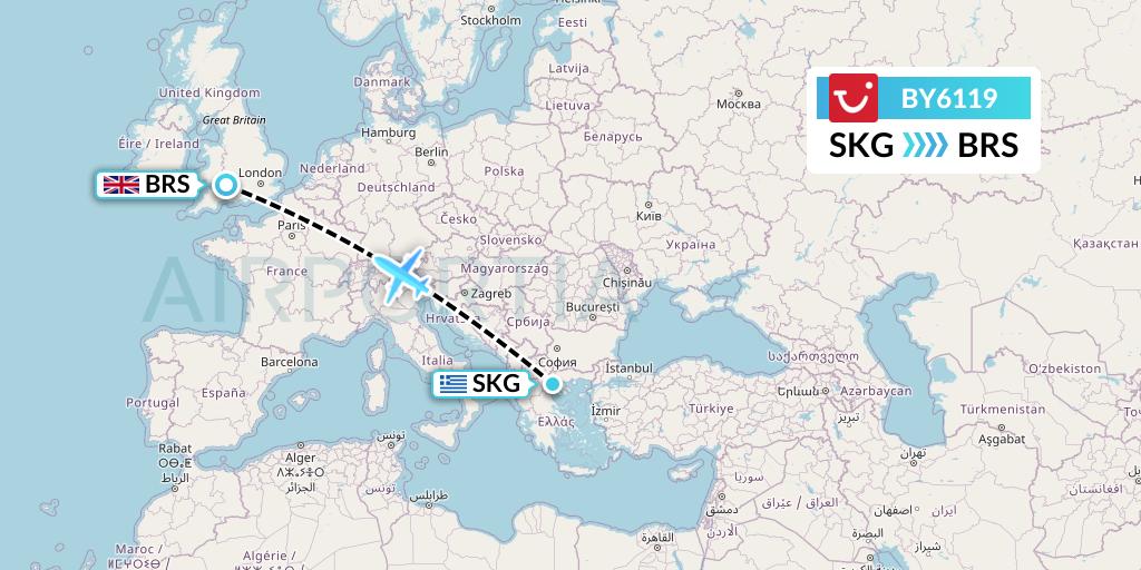 BY6119 TUI Airways Flight Map: Thessaloniki to Bristol