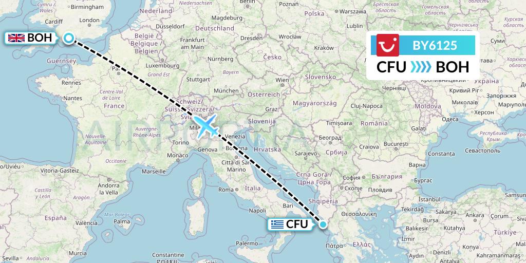 BY6125 TUI Airways Flight Map: Corfu to Bournemouth