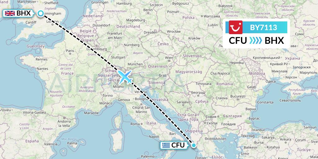 BY7113 TUI Airways Flight Map: Corfu to Birmingham