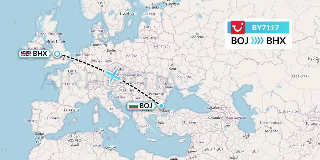 BY7117 TUI Airways Flight Map: Burgas to Birmingham