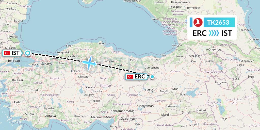 TK2653 Turkish Airlines Flight Map: Erzincan to Istanbul
