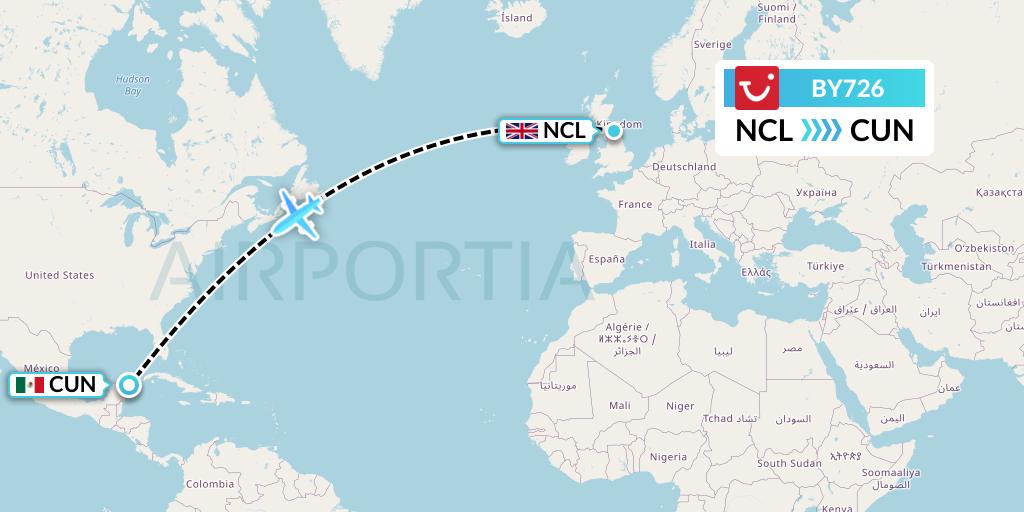 BY726 TUI Airways Flight Map: Newcastle to Cancun
