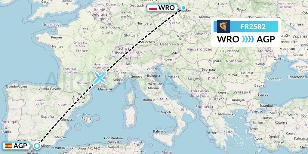 FR2582 Ryanair Flight Map: Wroclaw to Malaga