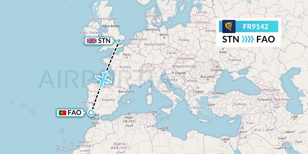 FR9142 Ryanair Flight Map: London to Faro