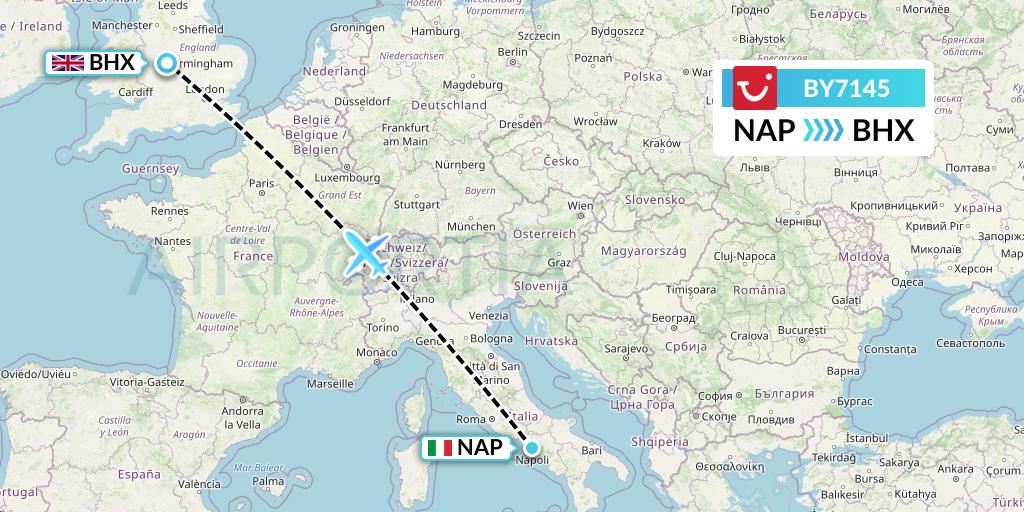 BY7145 TUI Airways Flight Map: Naples to Birmingham
