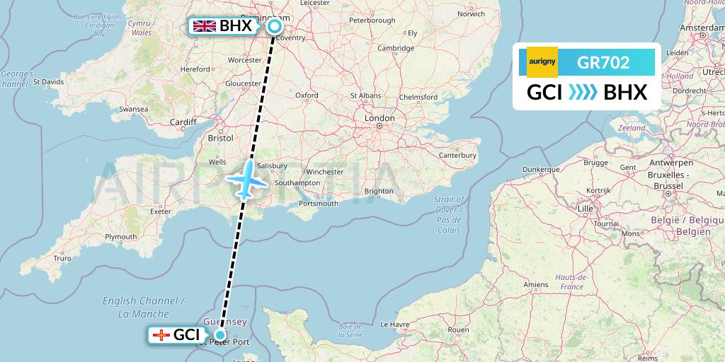 GR702 Aurigny Air Services Flight Map: Guernsey to Birmingham