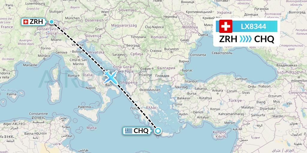 LX8344 Swiss Flight Map: Zurich to Chania