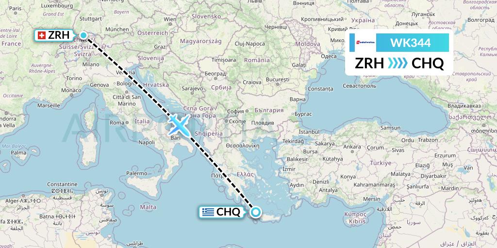 WK344 Edelweiss Air Flight Map: Zurich to Chania