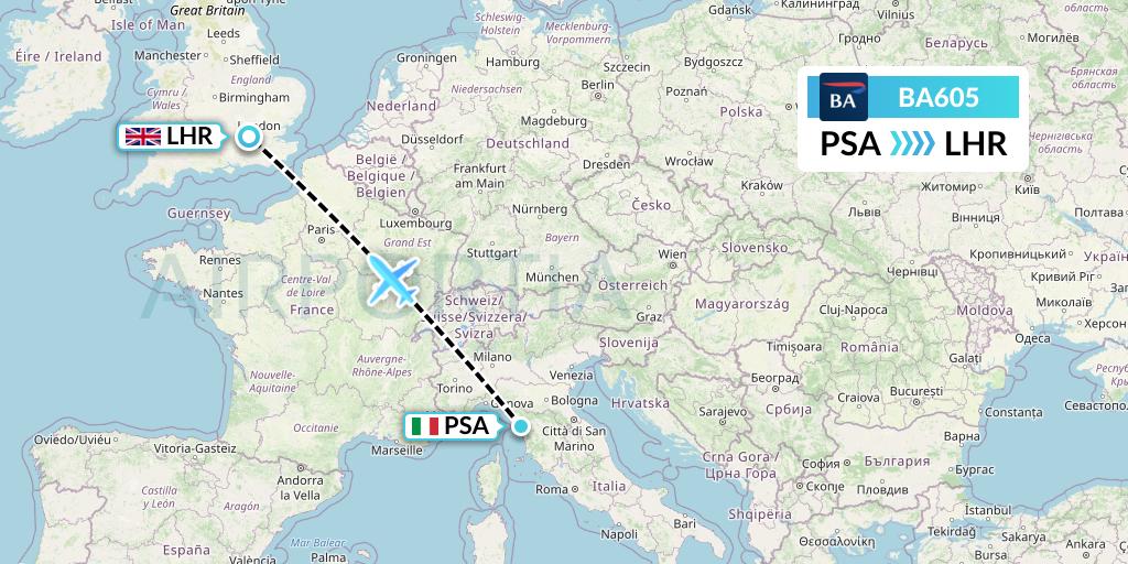 BA605 British Airways Flight Map: Pisa to London