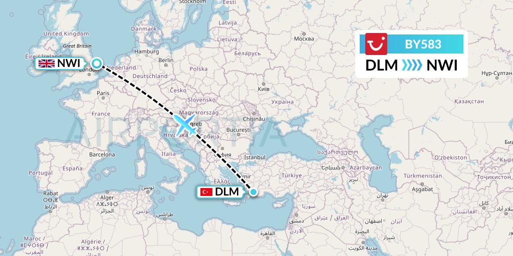 BY583 TUI Airways Flight Map: Dalaman to Norwich