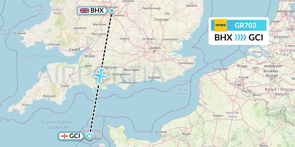 GR703 Aurigny Air Services Flight Map: Birmingham to Guernsey