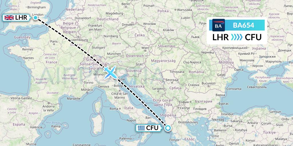 BA654 British Airways Flight Map: London to Corfu