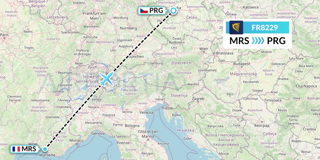 FR8229 Ryanair Flight Map: Marseille to Prague